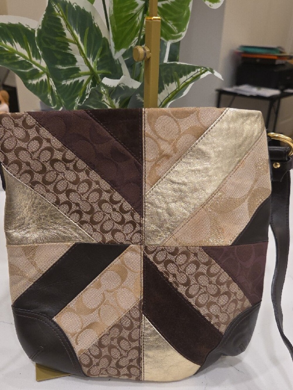 Rare Coach Patchwork Crossbody in Brown, Tan & Gold Metallic - Picture 2 of 7